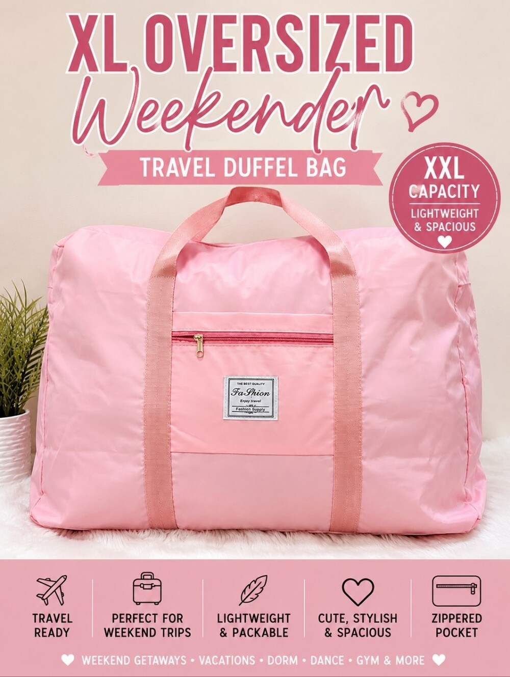 Pink XL Oversized Waterproof Weekender Travel Duffel Lightweight Overnight Bag